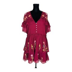 zara burgundy embroidered dress Men's Casual Band Collar Shirt in Burgundy Cotton Jersey